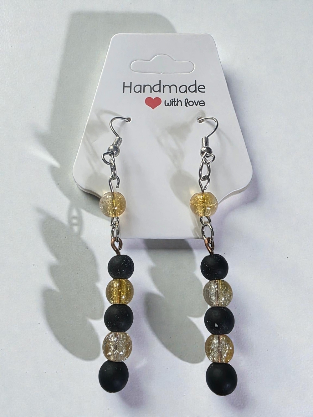 Handmade Gold Crackle Glass & Matte Black Agate Drop Earrings